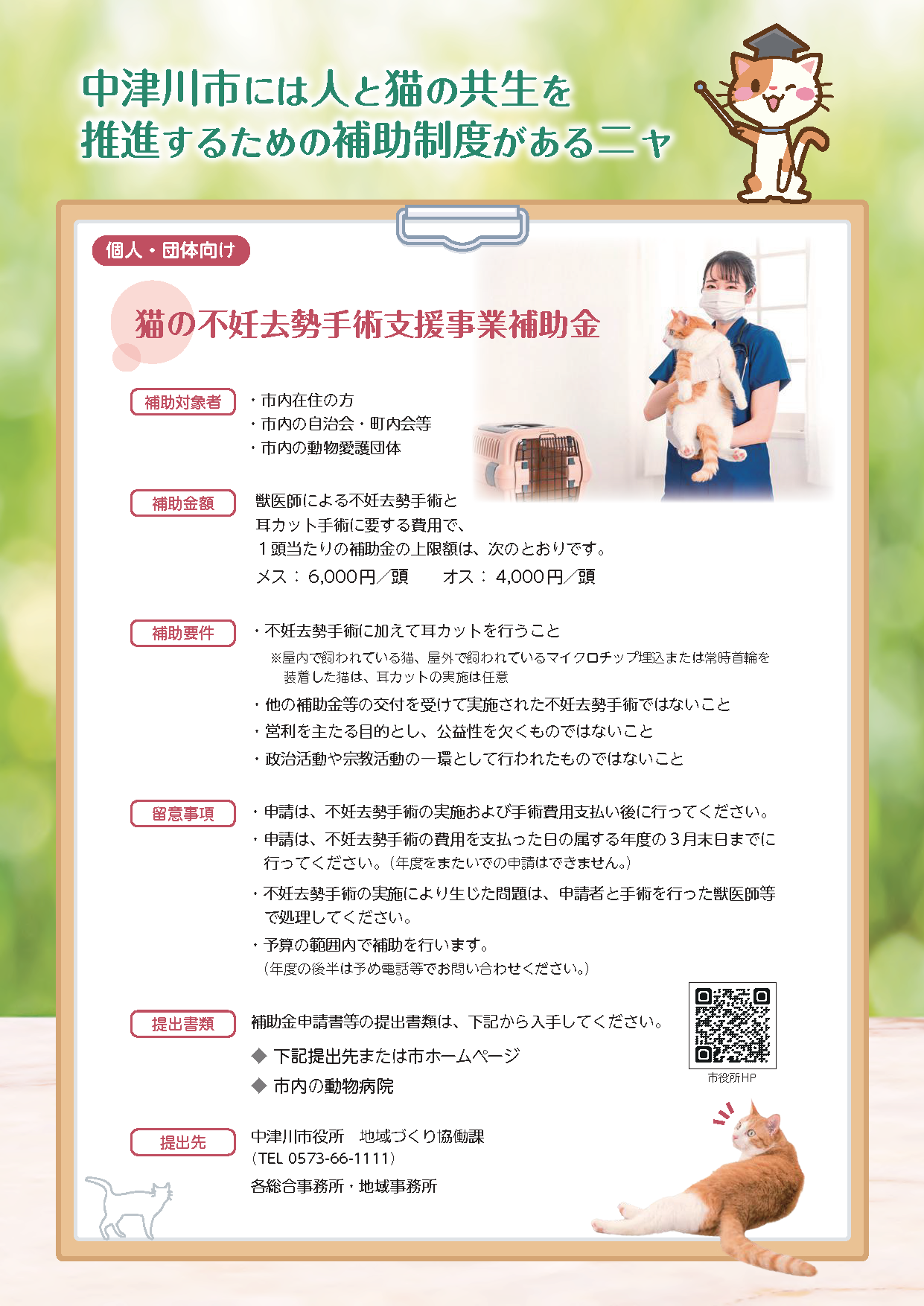 猫の不妊去勢手術支援事業補助金ご案内のチラシ