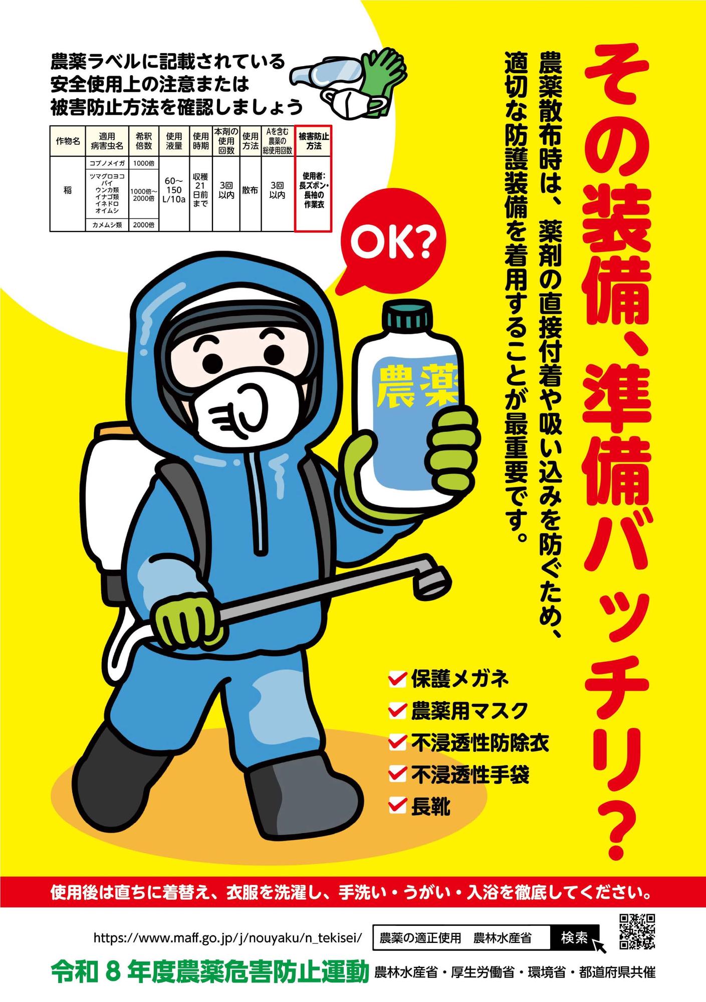 令和8年農薬危害防止運動ポスター表面「その装備準備バッチリ?」