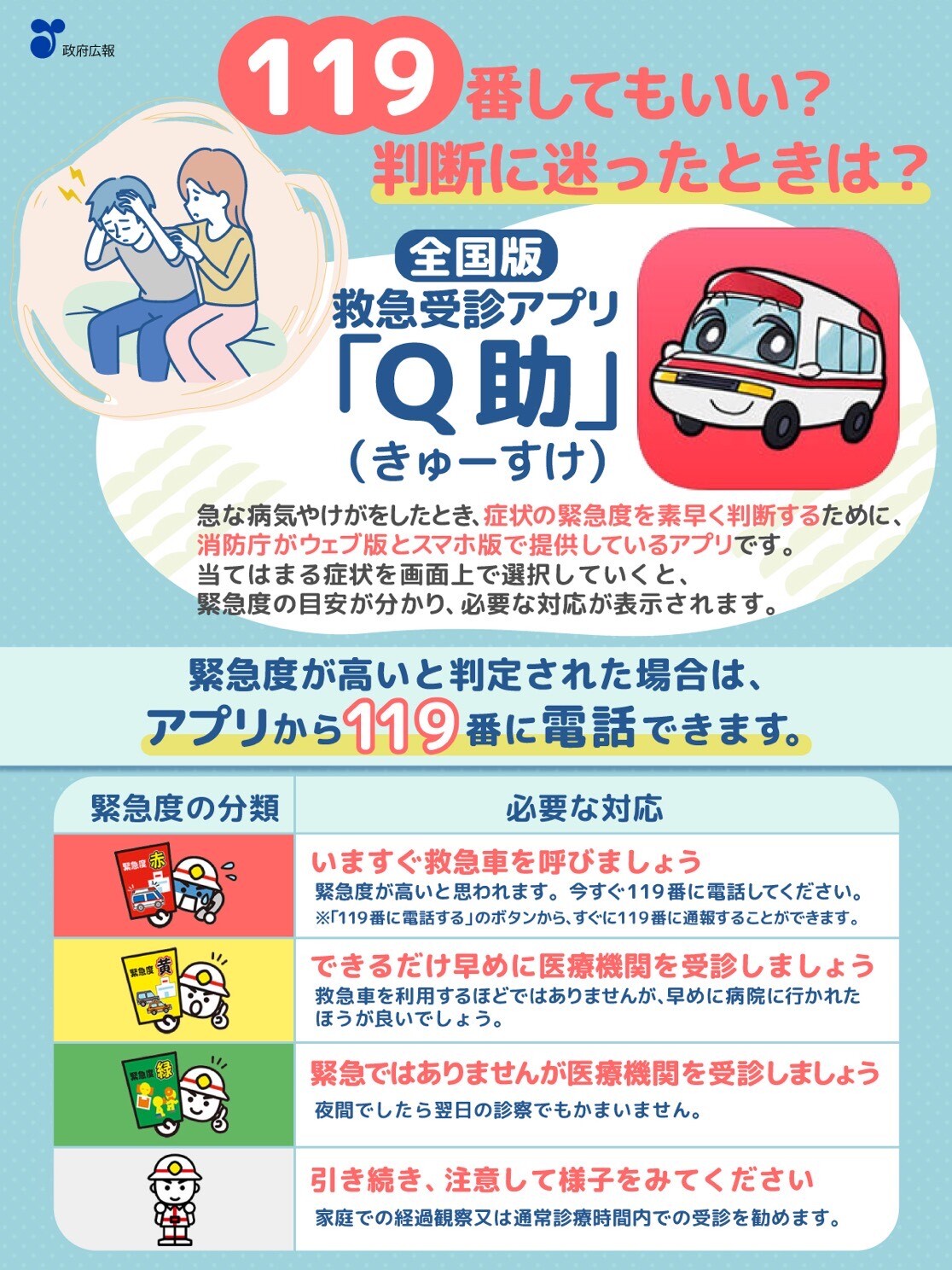 全国版救急受診アプリ「きゅーすけ」のチラシ。