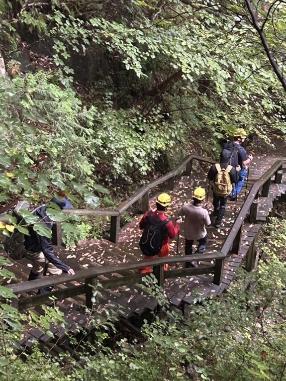 訓練参加者が危険箇所がないか確認しながら登山道を歩いている様子