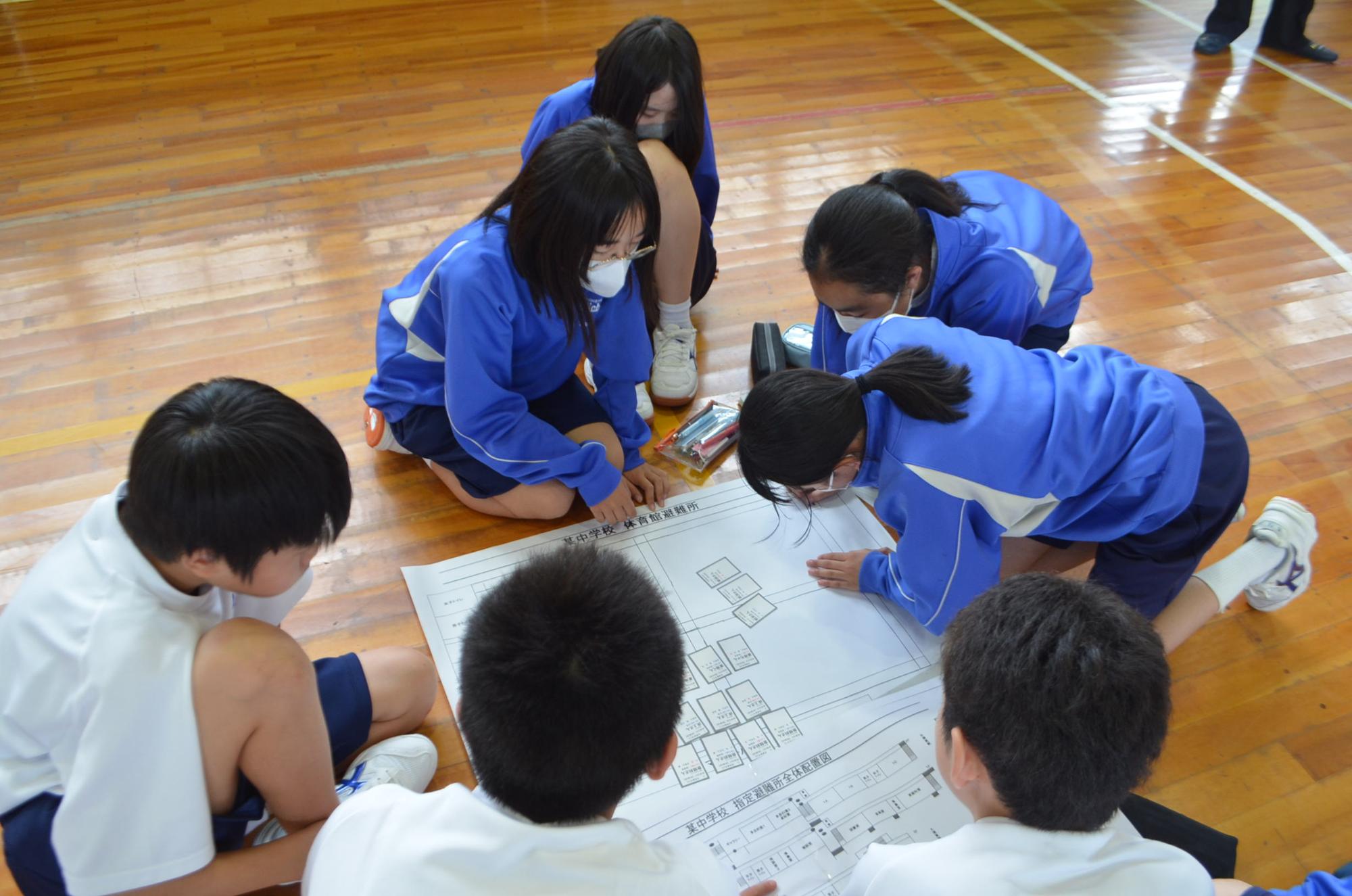 班で避難所のシュミレーションをしている様子