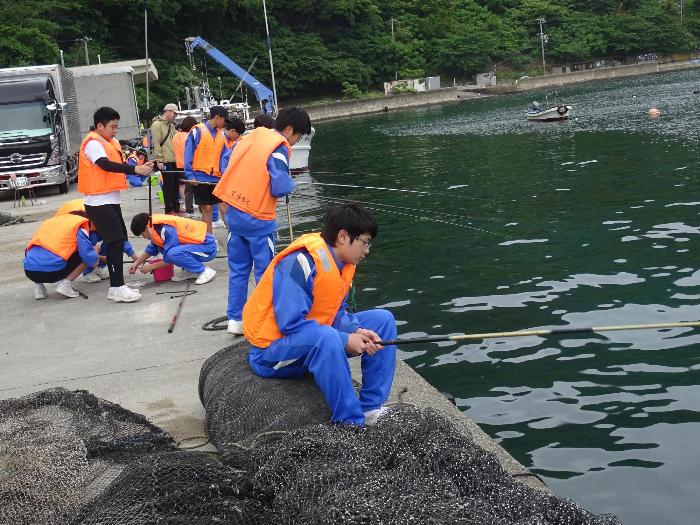 港で岸壁釣りをする中学生たち