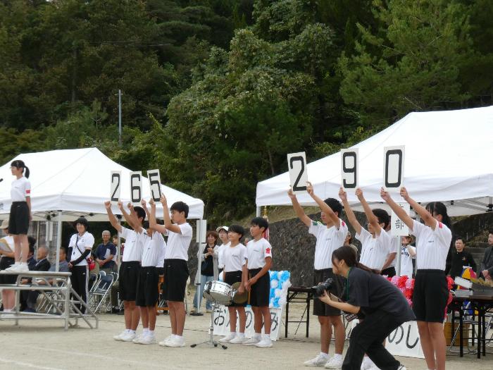 閉会式で得点発表する生徒たち