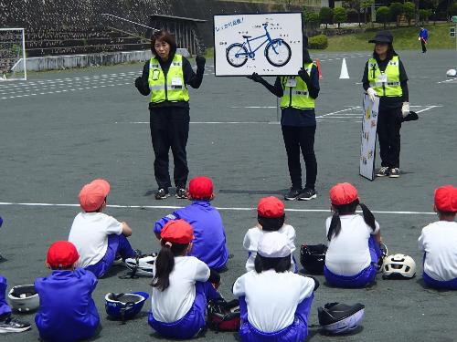 児童に自転車の点検方法を説明している様子