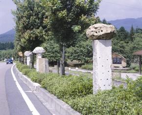 石のオブジェが並んだ道路の歩道