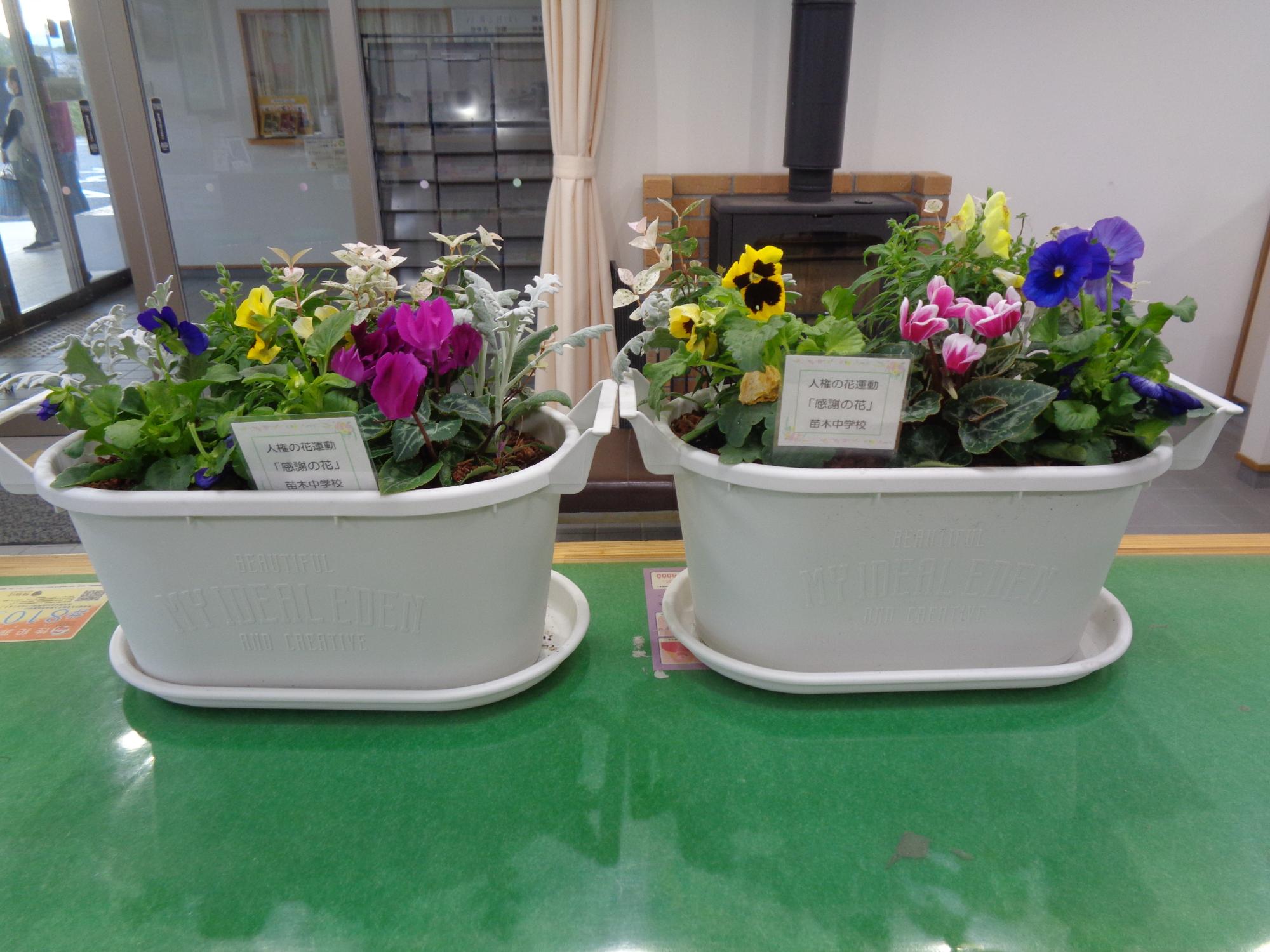 苗木中学校の生徒たちから贈呈された花