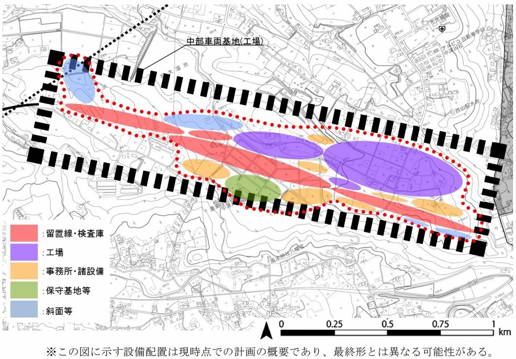 中部車両基地の敷地形状・設備配置の概要