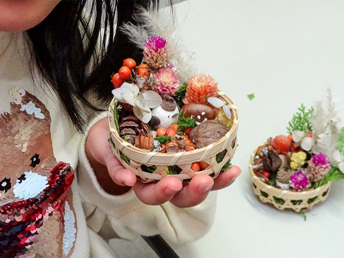 ワークショップ「マユエナガ＆木の実のバスケット作り」完成作品