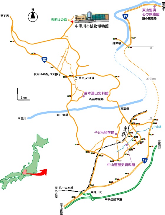 中津川市鉱物博物館への案内図