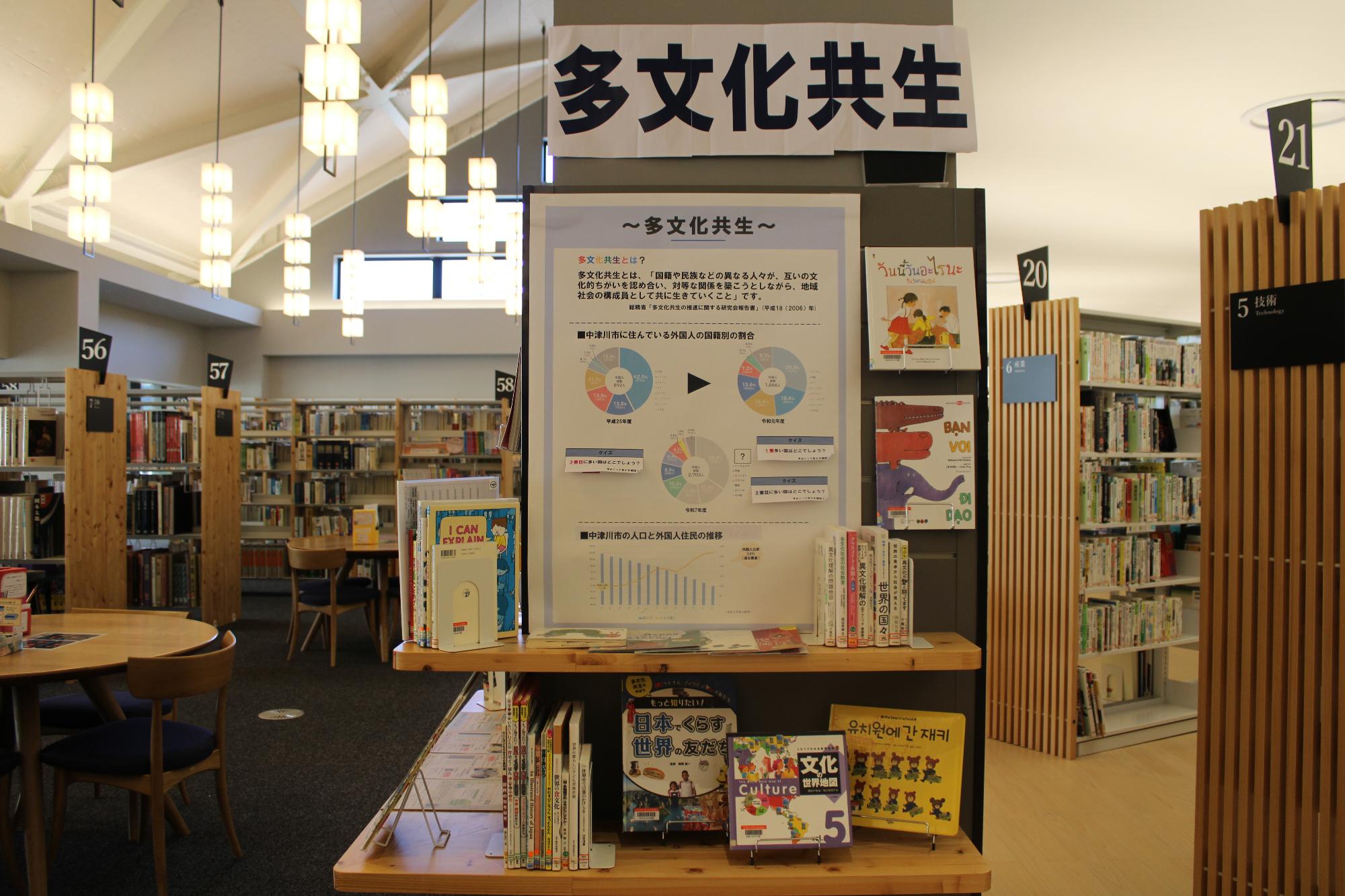 多文化共生に関する書籍が並んでいる様子