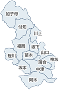 中津川市地図、北から加子母、付知、川上、福岡、坂下、蛭川、苗木、山口、坂本、中津、落合、神坂、阿木が位置している。